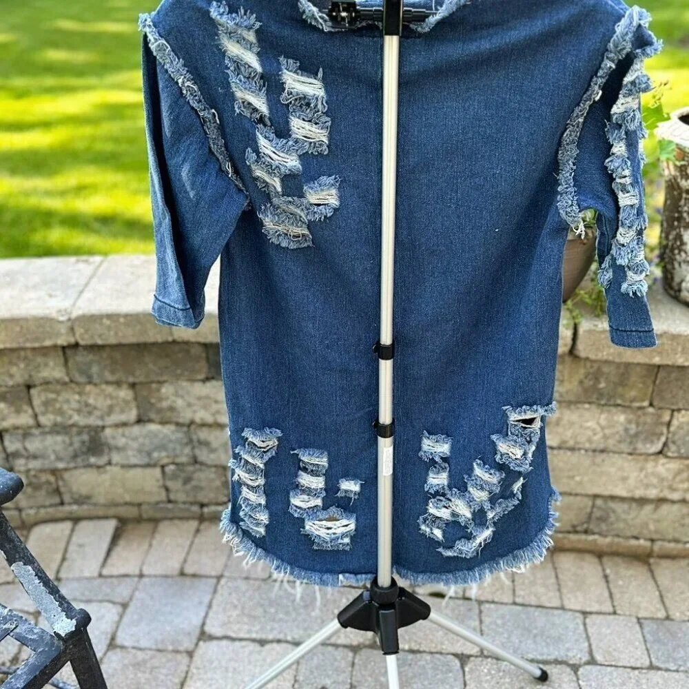 THRILL Denim Embroidered Distressed High-Low Mini Dress Size L - Picture 4 of 11